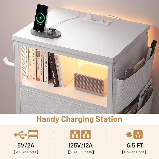 EnHomee Tall Nightstand with 5 Drawers, Night Stand with Charging Station and LED Light, Bedside Table with Extra Side Bag & Hooks, Dorm, Bedroom, Closet, Hallway, Entryway, Save Space, White