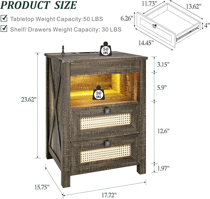 Night Stand with Gun Drawer, Bedside Table with Charger Station & LED Human Sensor Light, Gun Nightstand End Tables Bedroom Living Room, Rustic