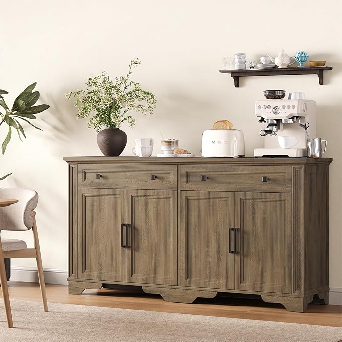 ONBRILL 63" Sideboard Buffet Cabinet, Kitchen Buffet Storage Cabinet, Large Credenza with Drawers & Doors, Wood Coffee Bar Console Wine Bar for Living Room Hallway Washed Brown
