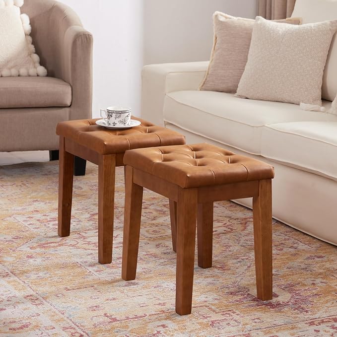 Upholstered Ottoman Stool with Padded Seat, Tufted Vanity Stool with Solid Wood Legs, Accent Stools, Faux Leather Cognac Brown