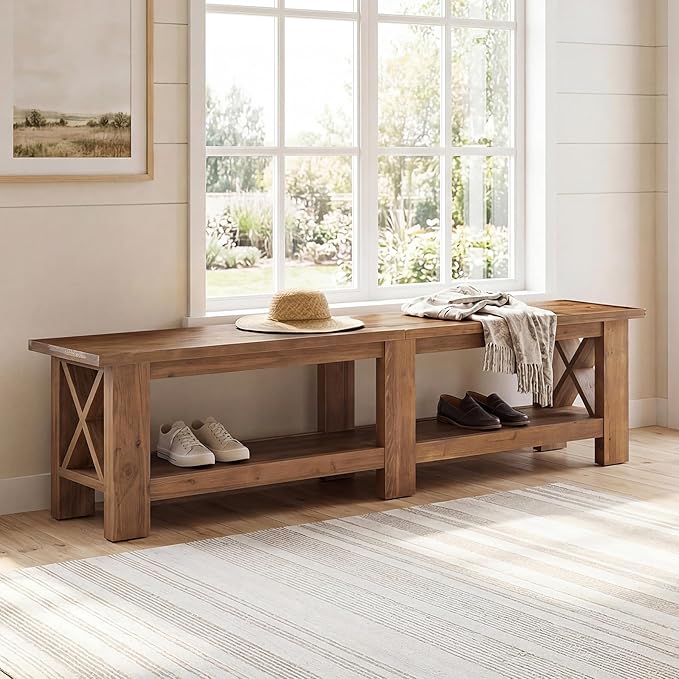 70.87" Solid Wood Entryway Shoe Bench, Extra Long Farmhouse Entryway Bench with Storage for Hallway, End of Bed, Dining Room, Rustic Brown