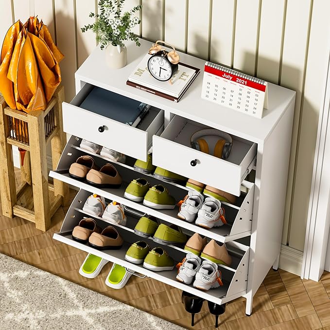 Metal Shoe Storage Cabinet for Entryway,White Shoe Cabinet with 2 Flip Drawers & 2 Top Drawers Hidden Slim Shoe Organizer Rack Freestanding Narrow Entrance Shoe Cabinet with Leg for Hallway Front Door