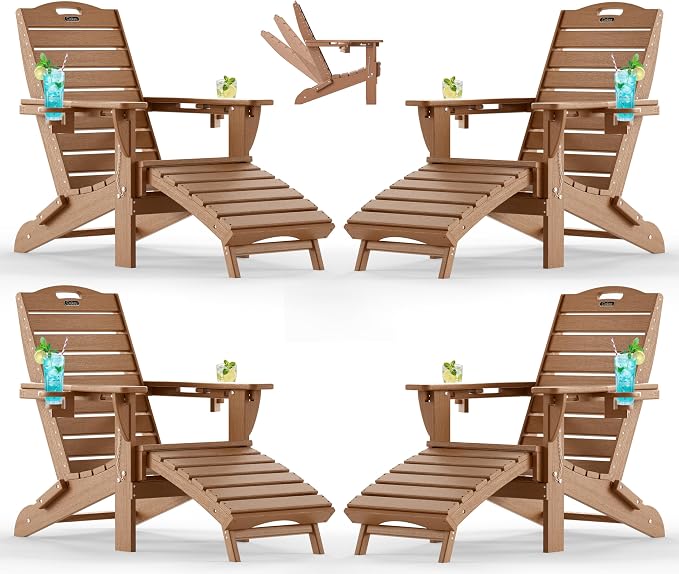 Ciokea Folding Adirondack Chair Set of 4 with Retractable Ottoman Fire Pit Patio Chair with Pull Out Foot Rest Weather Resistant Lawn Outdoor Chair with 2 Cup Holder (Teak)