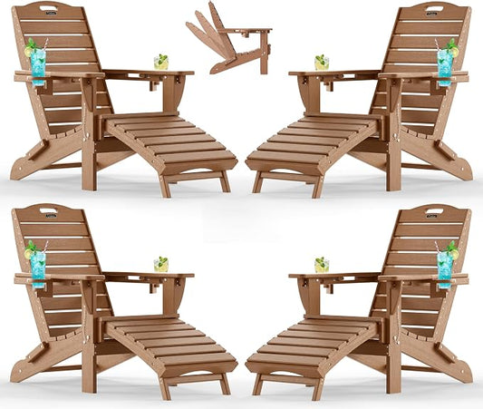 Ciokea Folding Adirondack Chair Set of 4 with Retractable Ottoman Fire Pit Patio Chair with Pull Out Foot Rest Weather Resistant Lawn Outdoor Chair with 2 Cup Holder (Teak)