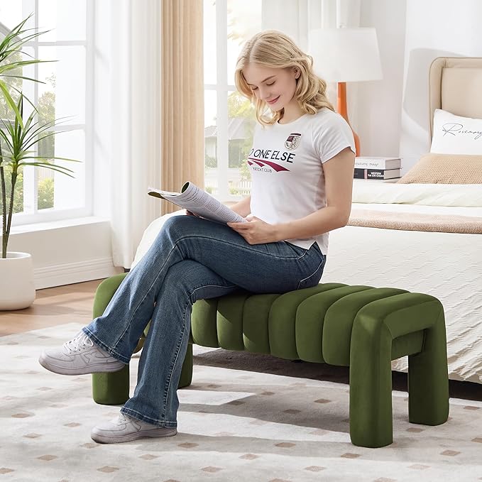 43’’ Bedroom Bench, Upholstered End of Bed Bench with Solid Wood Legs, Modern Small Dining Bench with Full Covered Fabrics for Entryway, Bedroom, Living Room (Green, Velvet)
