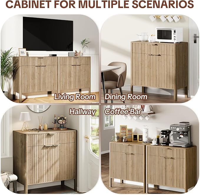 Fluted Buffet Cabinet with Storage - Modern Sideboard Accent Credenza with Doors & Drawer Wood Console Coffee Table Bar Counter for Living Room Kitchen Dining Room Entryway, Easy Assembly 31" Oak