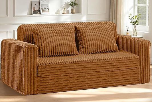 HABUTWAY 78" Loveseat Boneless Couch, 4-in-1 Convertible Sofa Bed, Plush Fur Folding Futon Sofa Bed Couches with 2 Pillows for Living Room, High-Density Foam Support, No Assembly Required, Orange
