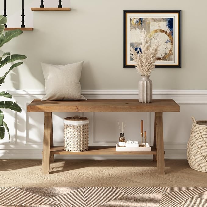 RowyPoey Solid Wood Bench, 39" Farmhouse Entryway Bench with Storage Shelf, Triangular Leg Design, Narrow Rustic Benches for Hallway, Bedroom, Dining, Kitchen, Easy Assembly