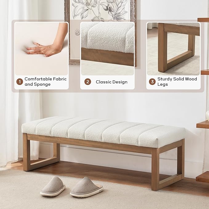 Zihanhome 52.7" Bedroom Bench for End of Bed, Modern Upholstered Teddy Fabric Entryway Bench & Dining Bench, Footrest Stool Bench with Solid Wood Frame for Bedroom, Living Room (Beige)