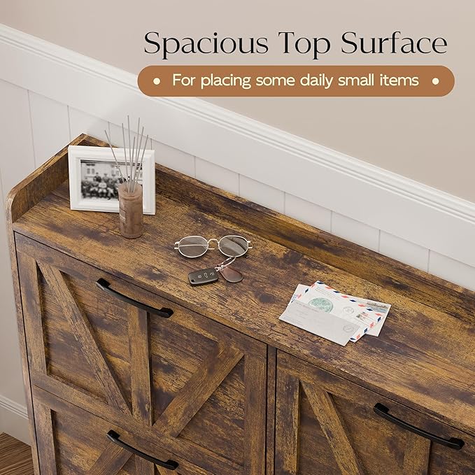 MU Shoe Storage Cabinet with 4 Flip Drawers, Freestanding Shoe Cabinet, Shoe Organizer with Wood Legs for Entryway, Slim Shoe Cabinet, Rustic