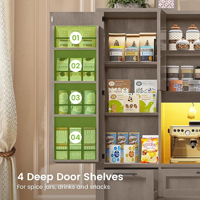 Itaar 71" Kitchen Pantry Cabinet with Charging Station and Led Light, Kitchen Storage Cabinets with Microwave Stand, 59" Wide Pantry Storage Cabinet with Storage Cart 3 Tier for Dining Room, Grey