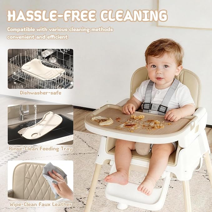 4 in 1 Baby High Chair for Babies and Toddlers, Foldable & Portable Convertible Booster Seat, Adjustable Tray & Footrest, Lightweight, Stable, Easy to Clean, Khaki
