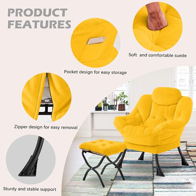 Lazy Chair with Folding Ottoman,Leisure Sofa Chair,Soft Fabric Armchair with Armrests and Side Pockets, Reading Chair with Footrest for Living Room, Bedroom, Office (Plush Yellow)