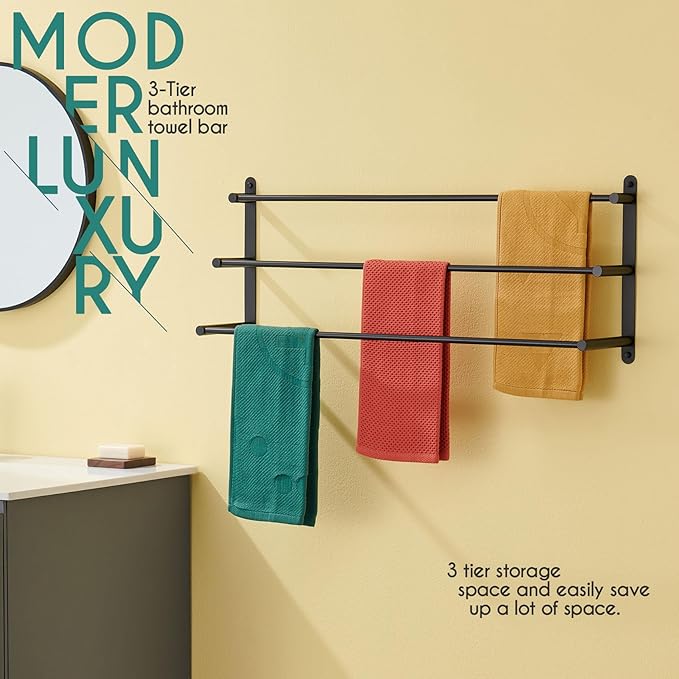 KOKOSIRI Bath Towel Bars Matte Black Bathroom 3-Tiers Ladder 32'' Towel Rails Wall Mounted Towels Shelves Rack Stainless Steel, B5002BK-L32