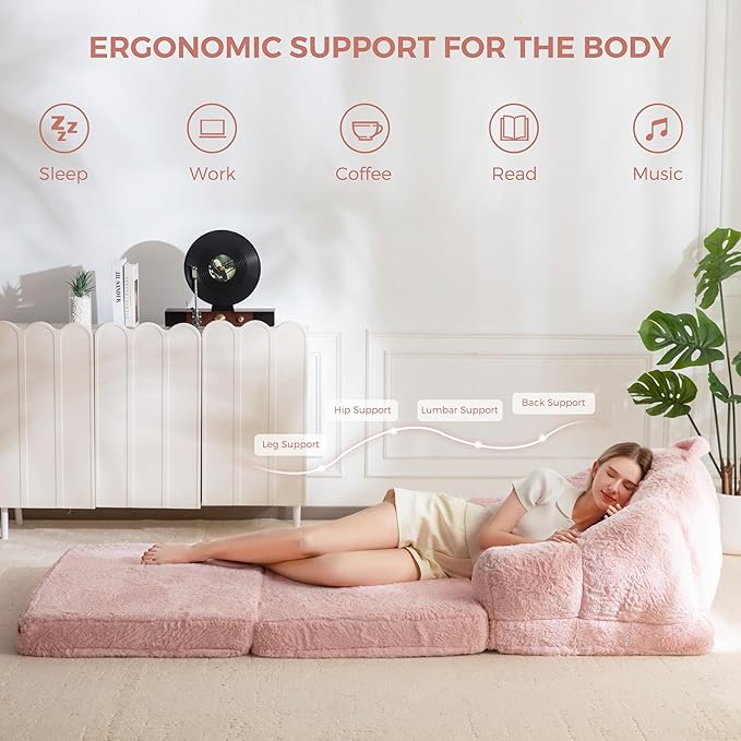 MAXYOYO Folding Sofa Bed, 2 in 1 Convertible Sofa to Lounger Comfy Single Bean Bag Chair for Adults, Floor Sleeper Couch with Handle, Faux Fur Couch Bed for Living Room Bedroom, Pink