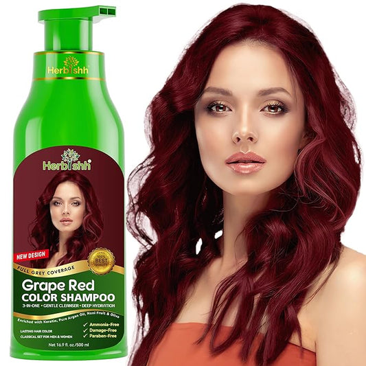 Herbishh Hair Color Shampoo (Grape Red) - Magic Hair Dye for Gray Hair - Ammonia-Free, 3-in-1 Shampoo Conditioner - Lasts 2-3 Weeks, 500 ml