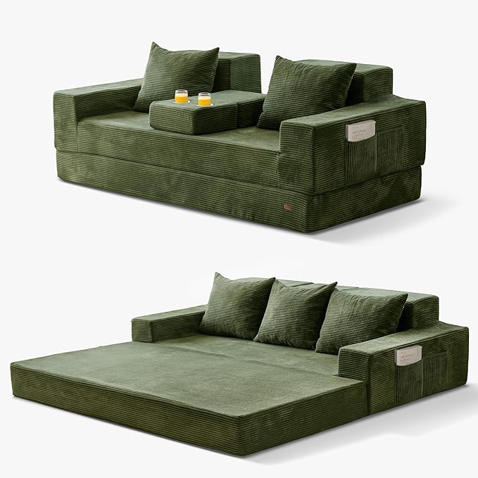 MAXYOYO Convertible Sofa Bed, 80" Oversized Boneless Loveseat Couch 4 in 1 Foldable Floor Sofa Couch in A Box with 2 Cup Holders, Folding Sleeper Chair for Living Room, No Assembly Required, Green