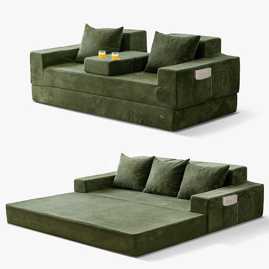 MAXYOYO Convertible Sofa Bed, 80" Oversized Boneless Loveseat Couch 4 in 1 Foldable Floor Sofa Couch in A Box with 2 Cup Holders, Folding Sleeper Chair for Living Room, No Assembly Required, Green