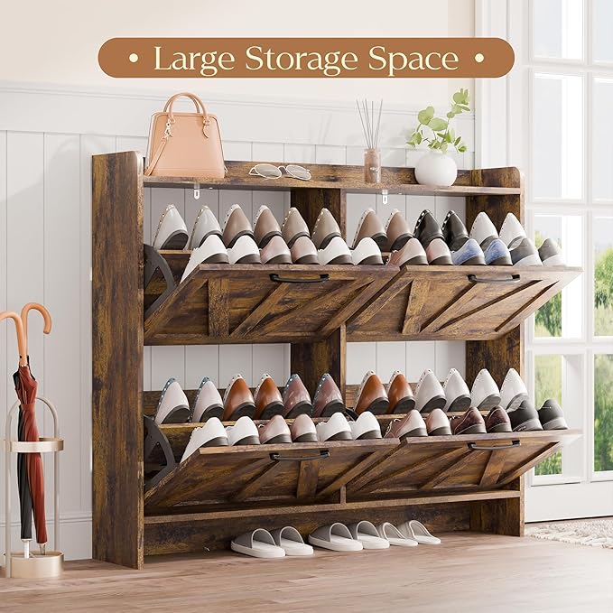 MU Shoe Storage Cabinet with 4 Flip Drawers, Freestanding Shoe Cabinet, Shoe Organizer with Wood Legs for Entryway, Slim Shoe Cabinet, Rustic