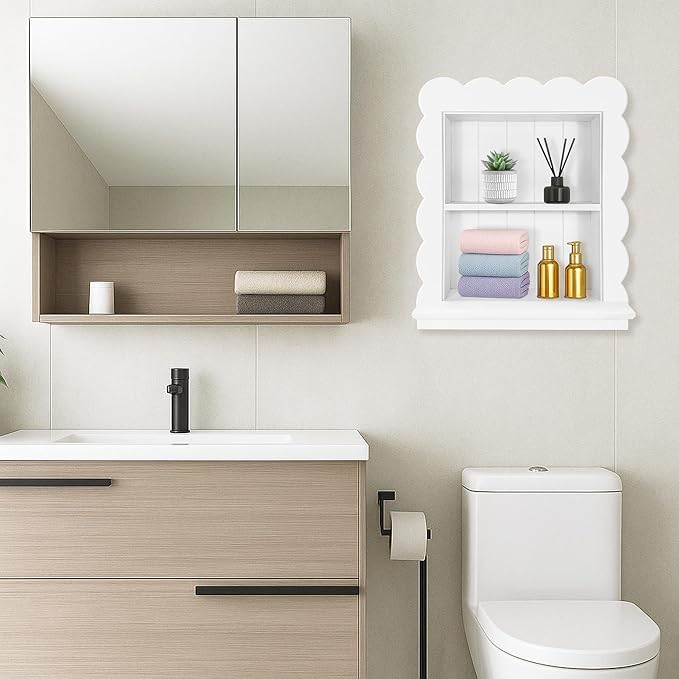 Royxen 14"x18" Recessed Medicine Cabinet, 2-Tier Wooden Bathroom Wall Cabinets Without Mirror,Scalloped Large Medicine Cabinet Niche for Bathroom Storage Organizer,White