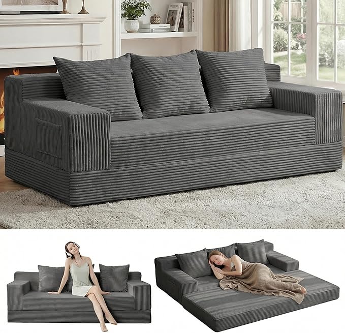 Erament 3 Seater Boneless Couch Sofa Bed, 78'' Corduroy Oversized Loveseat Folding Sofas Bed, Compression Convertible Futon Floor Couch Sofa Beds with 3 Pillows for Living Room Bedroom Apartment