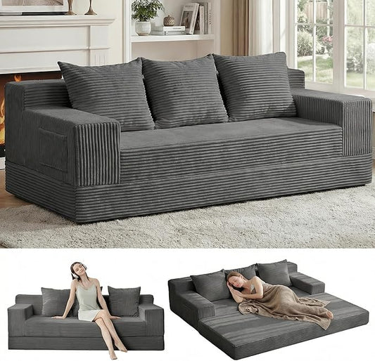 Erament 3 Seater Boneless Couch Sofa Bed, 78'' Corduroy Oversized Loveseat Folding Sofas Bed, Compression Convertible Futon Floor Couch Sofa Beds with 3 Pillows for Living Room Bedroom Apartment