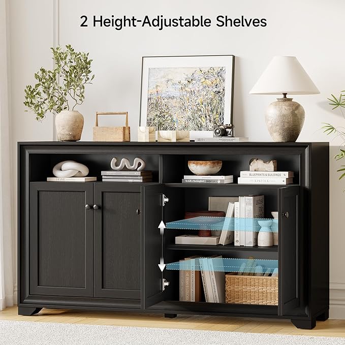 ONBRILL 60 Inches Sideboard Buffet Cabinet with Storage, 4 Doors Large Sideboard, Kitchen Cabinet with Open Shelf & Adjustable Shelf, Kitchen Coffee Bar Console Table for Living Room, Hallway, Black