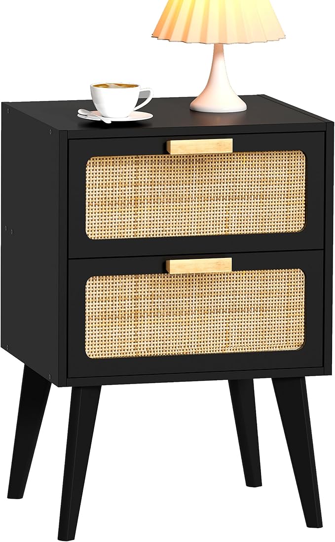 YAUKOMEL Black Nightstand, Wood End Table, Side Table with 2 Hand Made Rattan Decorated Drawers,Boho Bedside Table,Wood Accent Table with Storage for Livingroom, Bedroom, Black CTG59B