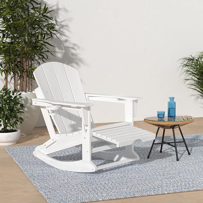KINGYES Adirondack Rocking Chair Set of 4 with Retractable Ottoman and Cup Holders, HDPE Adirondack Rocker Patio Rocking Chair for Porch, Patio, Balcony, White