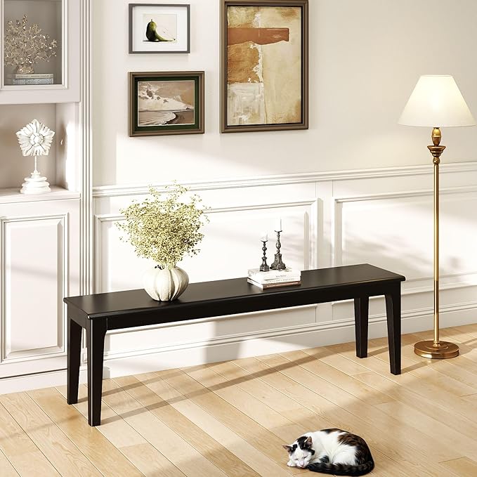 Dining Bench 63" Wood Solid Oak Wooden Bed End/Entryway Bench for Bedroom Living Room Kitchen(Black)