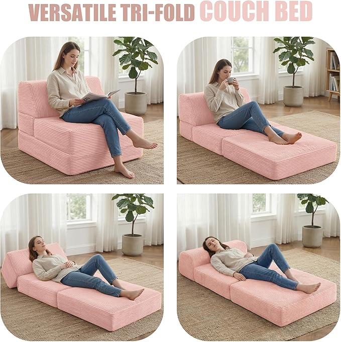 Kasunpul Folding Sofa Bed with Pillow, Memory Foam Fold Out Chair Bed, Convertible Sleeper Chair with Washable Cover, Futon Floor Couch for Living Room/Dorm/Guest Use/Home Office/Apartment,Pink