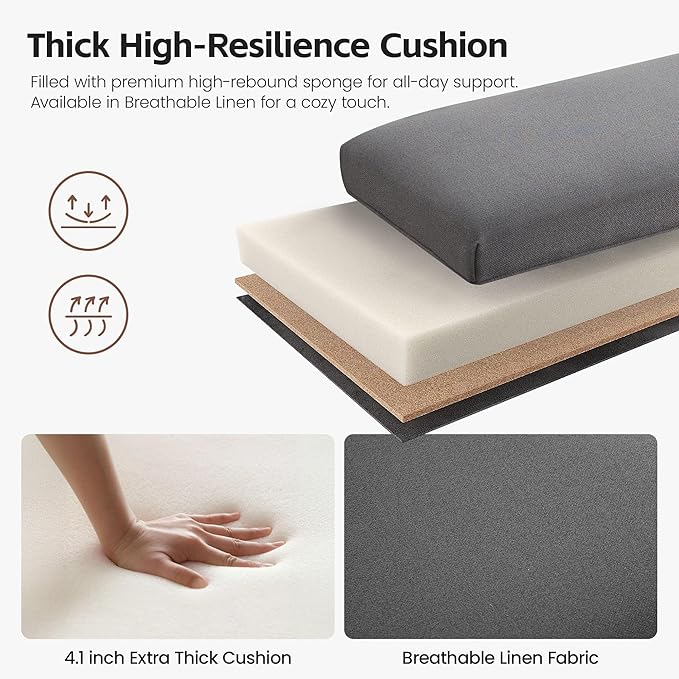 43.5" Upholstered Bedroom Bench, Linen Entryway Bench with Solid Wood Legs, End of Bed Bench with Cushion, Dining Bench for Living Room, Bedroom, Hallway, Dark Grey