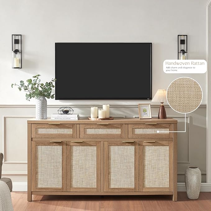HOKYHOKY 63" Rattan Sideboard Buffet Cabinet, Boho Storage Cabinet with Adjustable Shelves, Farmhouse Credenza Coffee Bar Cabinets with 4 Doors & 3 Drawers for Living Room, Hallway & Kitchen