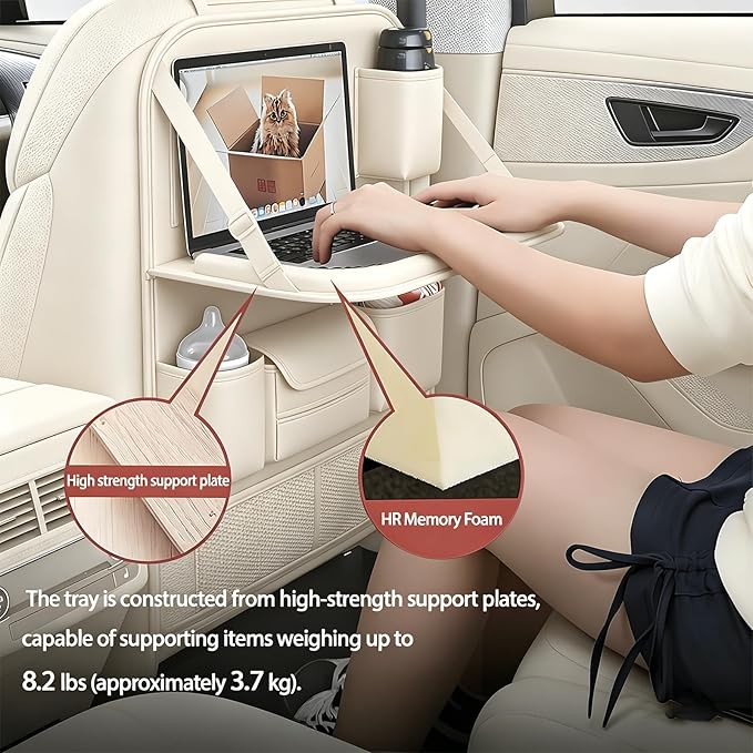 Universal Foldable Car Backseat Organizer with Table Tray, Car Seat Back Protector with Touch Screen Phone Holder, Premium Leather Kick Mats with Storage Pockets Tissue Holder (Beige)