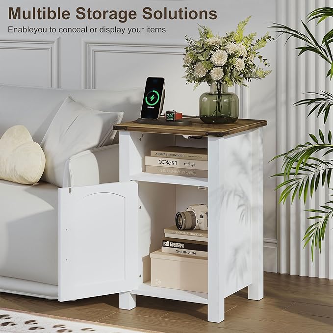 Decofy Farmhouse Nightstand with Charging Station, Set of 2, Wood Bedside Table with Storage & Open Compartment, Side End Table for Bedroom, Rustic White and Brown