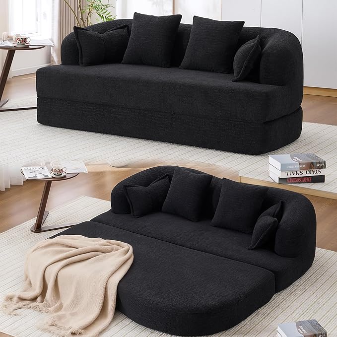 70" Convertible Sofa Bed, 2-in-1 Boneless Sleeper Sofa, Soft Chenille Folding Sofa Loveseat with 4 Pillows, Love Seat Small Couch for Small Spaces, Living Room, Bedroom, No Assembly