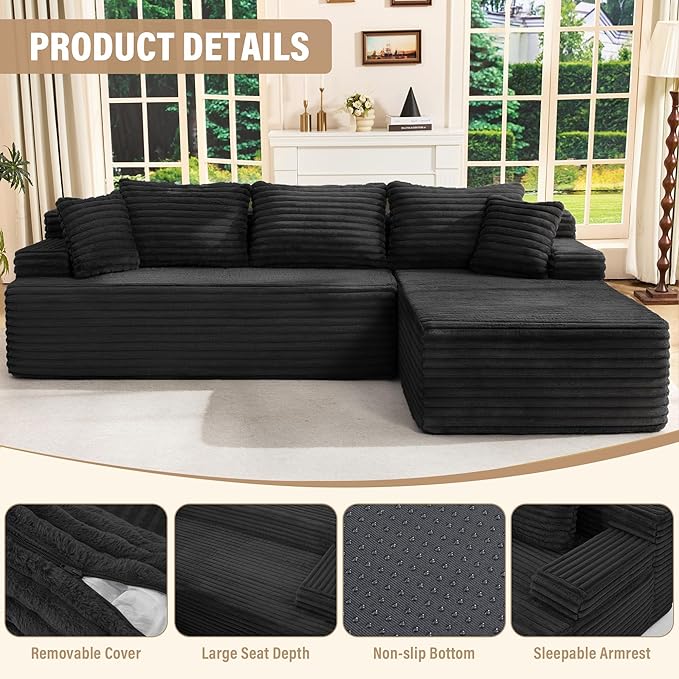 Hobestluk Modular Sectional Sofa Boneless Couch L-Shape Couch 3 Seat Modular Couch Memory Foam Sectional Couches for Living Room Furniture, Cloud Couch with Oversized Chaise (108" Right Facing Chaise)