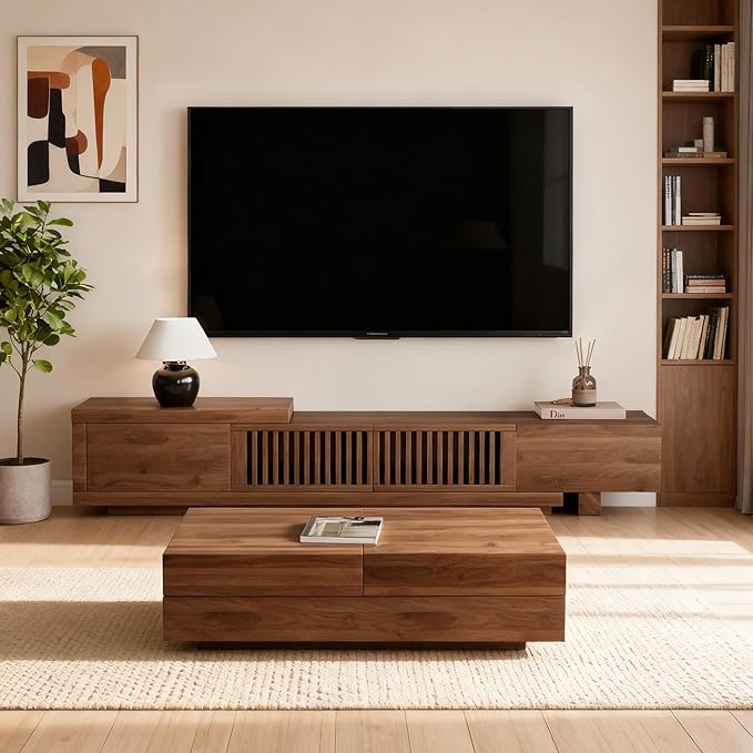 78.5"-105" Mid-Century Modern Extendable TV Stand, Walnut Media Console with 2 Drawers and 2 Cabinets, Fits TVs up to 100 Inches for Living Room or Bedroom