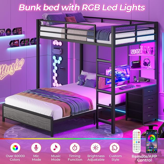 ADORNEVE Twin Over Full Bunk Bed with Desk, Bunk Beds Twin Over Full Size with Charging Station & Led Lights, Storage Drawers & Shelves, Loft Bed with Safety Guardrail & Ladder for Kids/Teens, Grey