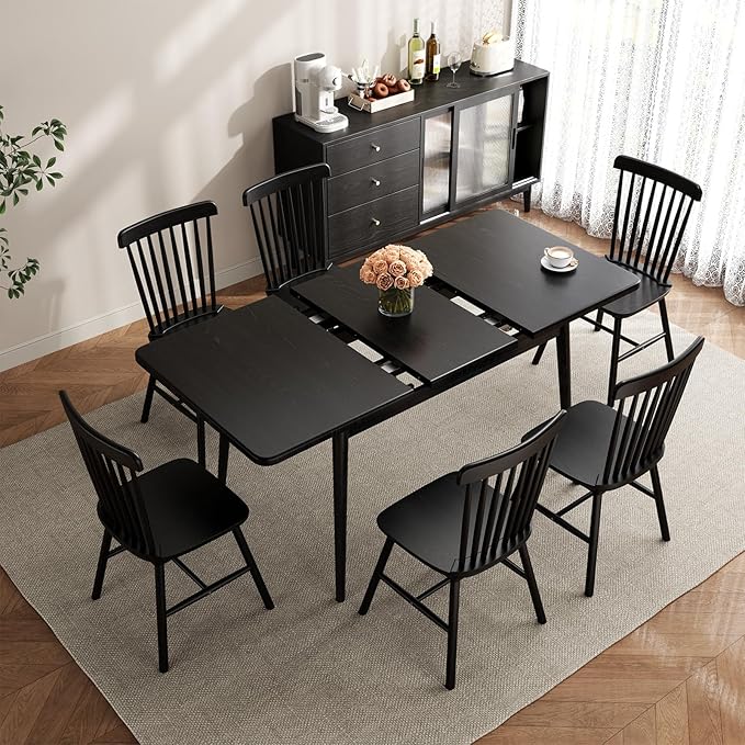 Muwuele Solid Wood Extendable Dining Table for 4-8 People with Seamless Extension from 47.2 to 63 Inches, Easy Assembly, Expandable Tables for Small Spaces, Dining Room, Kitchen, Living Room, Black