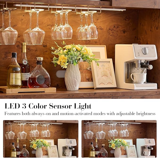 77" Tall Wine Bar Cabinet with Storage Hutch and 3 Drawers, Coffee Bar Cabinet with LED Lights and 24 Bottle Wine Rack for Home Dining Room Kitchen, Dark Burl