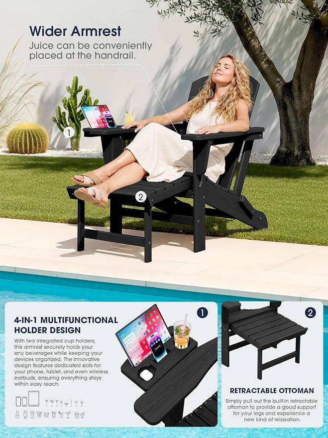 KINGYES Adjustable Folding Adirondack Chair with Footrest & 4-in-1 Multi-Functional Armrest Organizer Set of 2, HDPE Foldable Recliner Adirondack Chair with Pull-Out Ottoman, Black