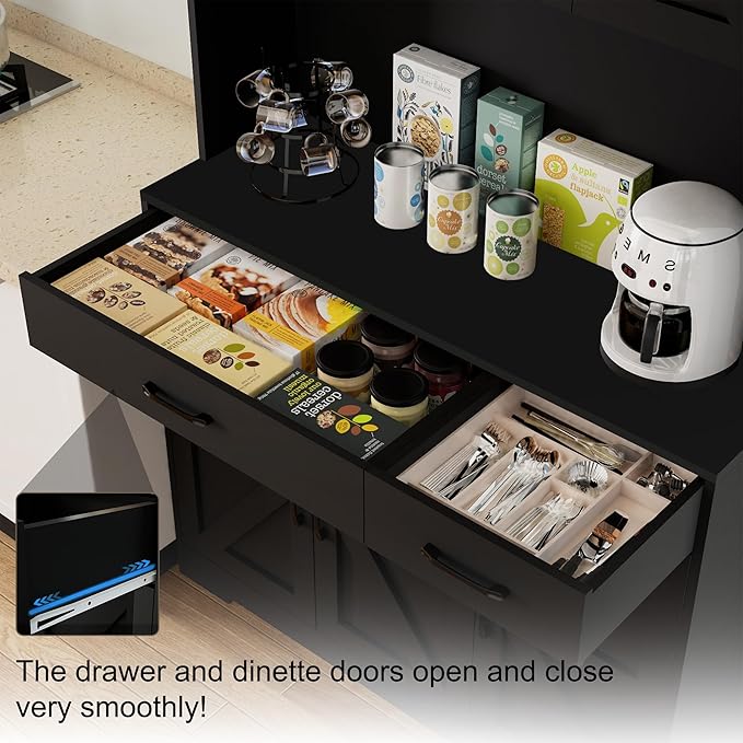 71" Kitchen Pantry Cabinet with Charging Station, Pantry Storage Cabinet Large Kitchen Hutch with Microwave Stand, Coffee Bar Station with Doors and Adjustable Shelves for Kitchen, All Black