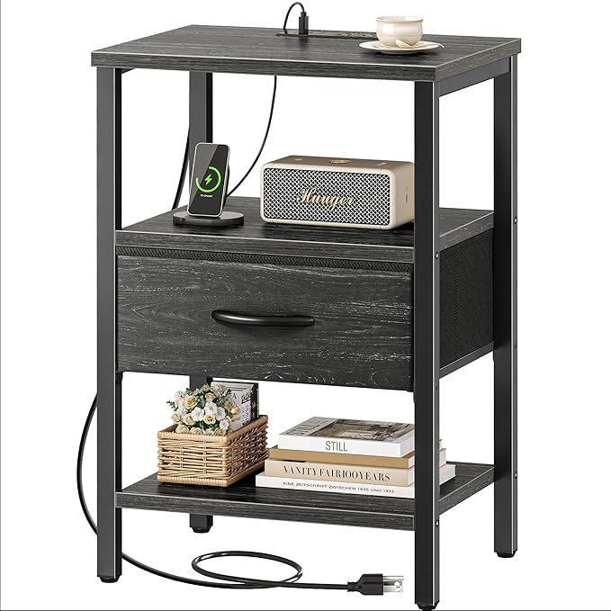 SUPERJARE Nightstand with Charging Station, Bed Side Table with Adjustable Fabric Drawer, Night Stand for Bedroom, 3-Tier Storage End Table, for Living Room, Charcoal Black Wood Grain Print