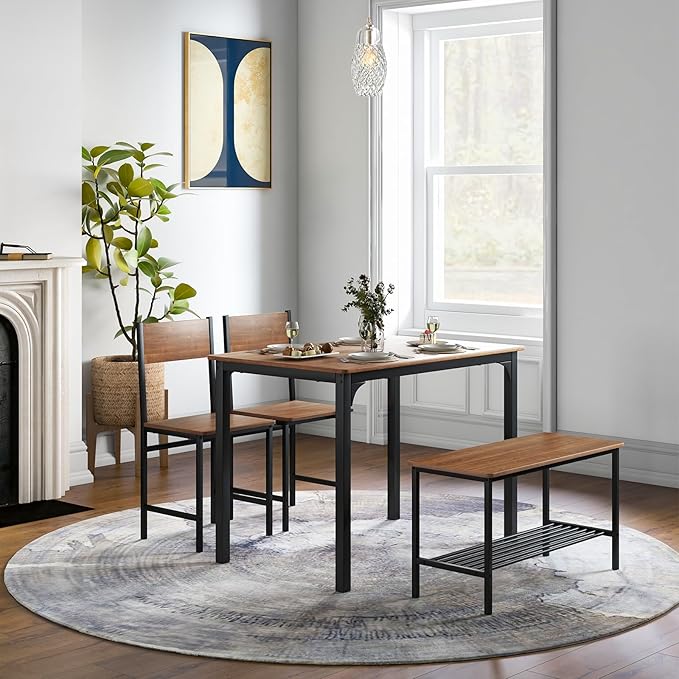 COSTWAY Dining Table Set for 4, Rectangular Kitchen Table Set with Bench and 2 Chairs, Storage Rack & Metal Frame, 4-Piece Dining Room Table and Chairs Set for Small Space, Apartment (Brown)