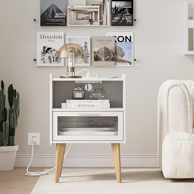 MMEOLUOOK Nightstand with Charging Station, Bedside Tables with Glass Decorative Door, End Table Side Table with 2 Tiers Storage Space, for Bedroom, Living Room, White CAMLBZ07WE