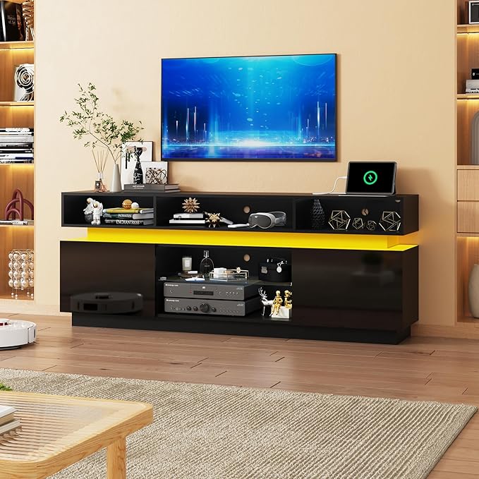 chartustriable LED TV Stand for 80 Inch TV, Modern Tall Entertainment Center with Power Outlets, High Gloss TV Stand, Gaming TV Media Console with Glass Shelf for Living Room, 71 Inch, Black
