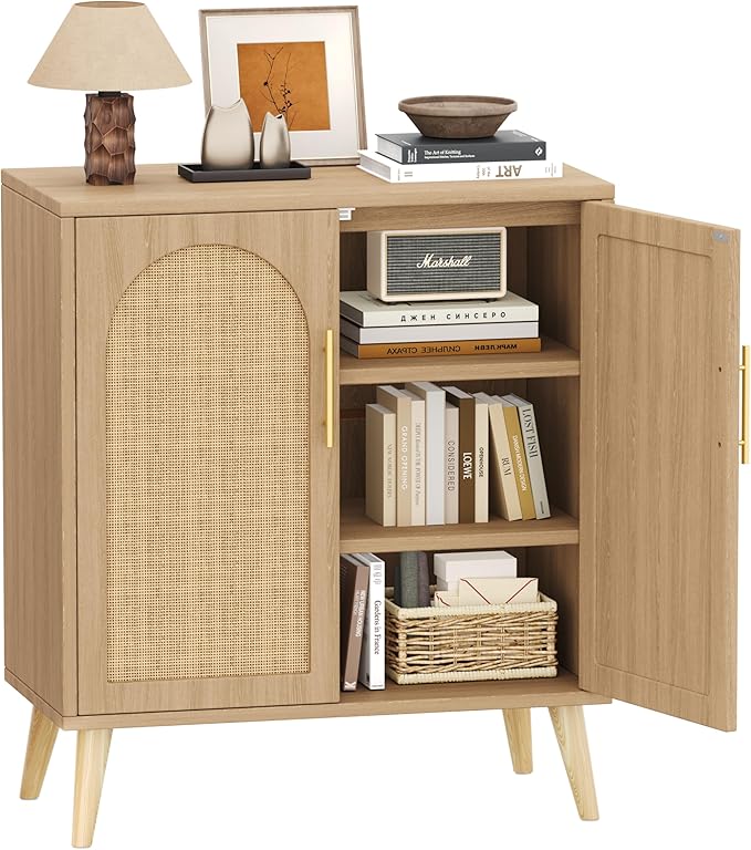 15.7"D Rattan Buffet Sideboard Cabinet with Storage, Modern Accent Cabinet with Adjustable Shelf & Solid Wood Legs, Coffee Bar Cabinet with Doors for Kitchen, Living Room, Entryway, Natural Oak