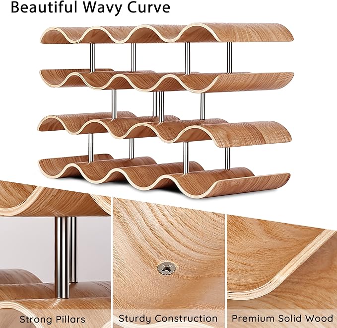 Countertop Wine Rack - 14 Bottle Freestanding Wine Bottle Holder Stand - 4 Tier Wooden Wine Storage Rack - Wavy Wine Organizer for Cabinet Pantry Home Kitchen Bar