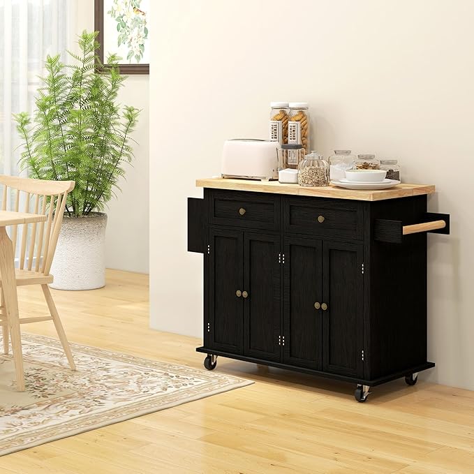 HOMCOM Kitchen Island Cart with Solid Wood Top, 44" Mobile Kitchen Island Table on Wheels with Storage Cabinets, 2 Drawers, Adjustable Shelves, Spice Rack & Towel Bar for Dining Room, Distressed Black